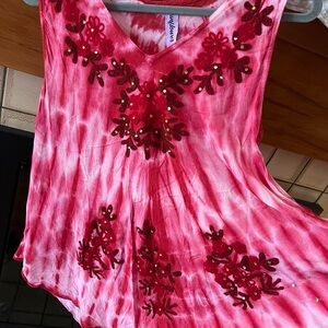 Tie-Dye Red Embellished V-Neck Camisole Boho Embroidered Tank
